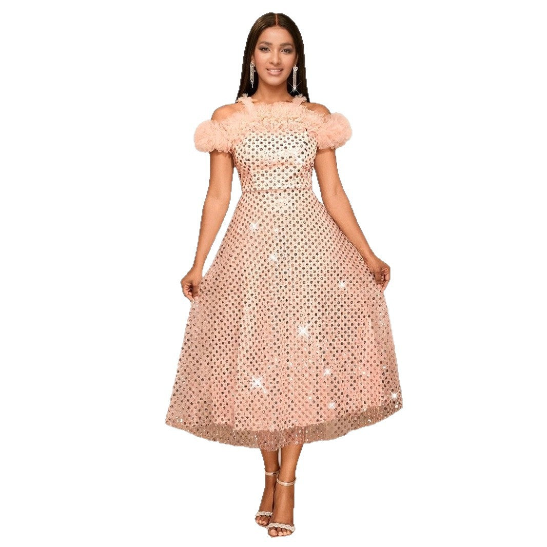 Damen Festliches Abendkleid mit voluminösen Rüschendetails und zartem Glitzer Drune