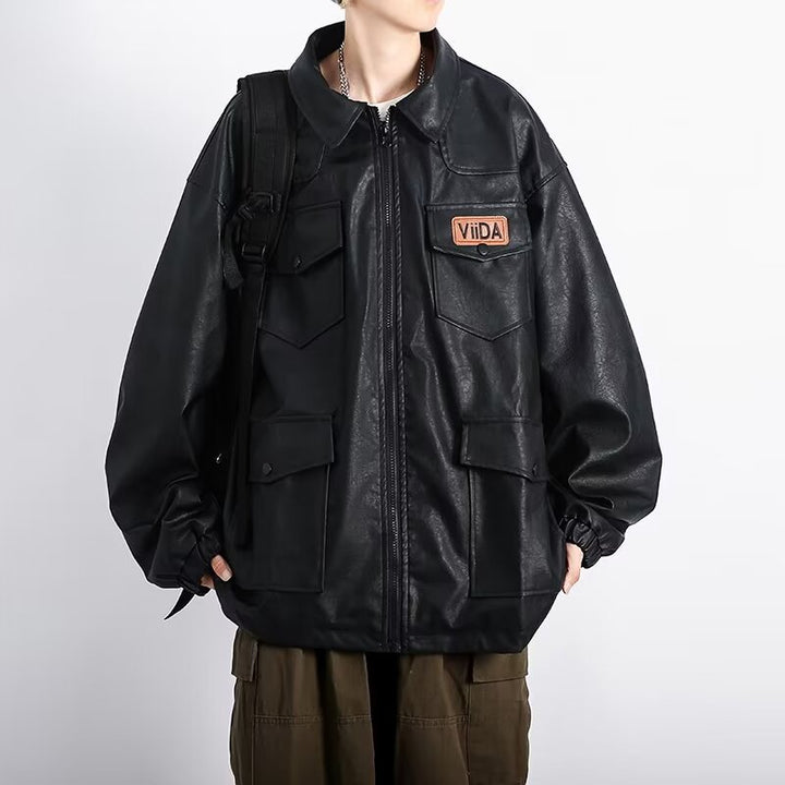 Unisex Oversized Utility Lederimitat Jacke mit Mehreren Klappentaschen Drune