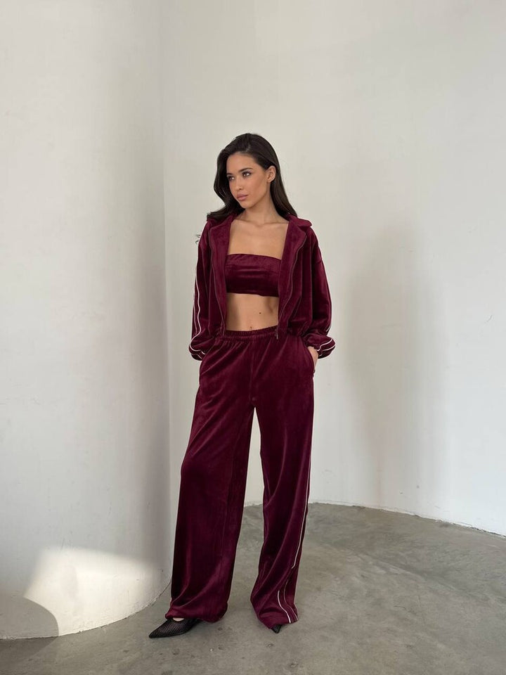 Damen dreiteiliges Samt-Lounge-Set mit Bandeau-Top, Kapuzen-Zipjacke und weiter High-Waist Palazzo-Hose Drune