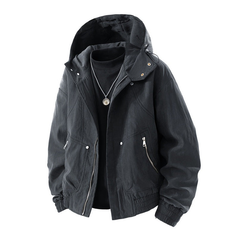 Herren leichte Utility-Kapuzenjacke mit verstaubarer Kapuze, wasserabweisender Beschichtung, Reißverschlusstaschen und elastischen Bündchen Drune