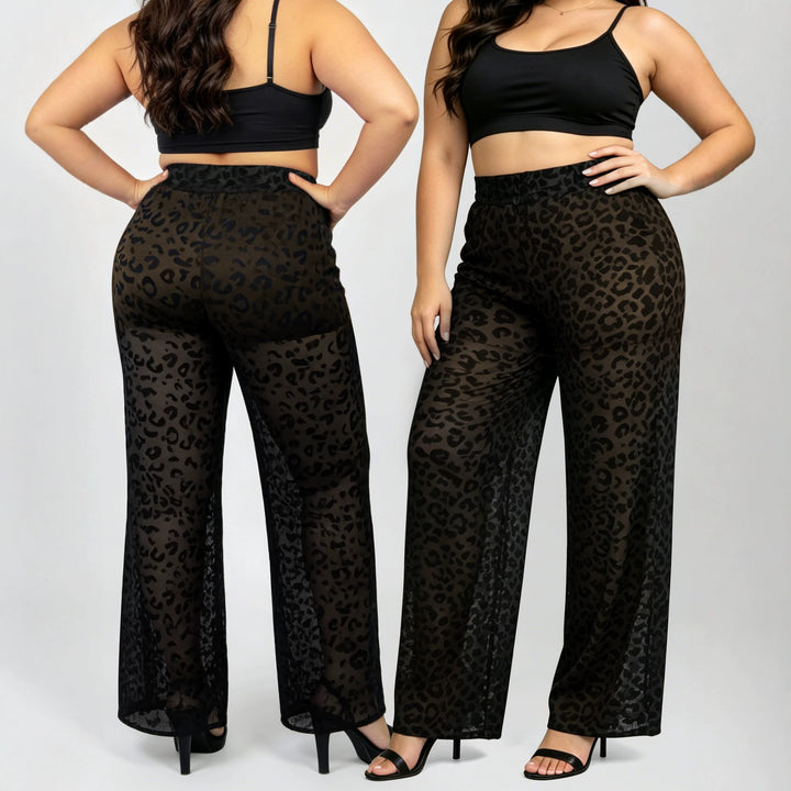 Damen Hochtaillierte weit geschnittene Chiffon-Hose mit Leopardmuster und Bauchkontrolle Drune