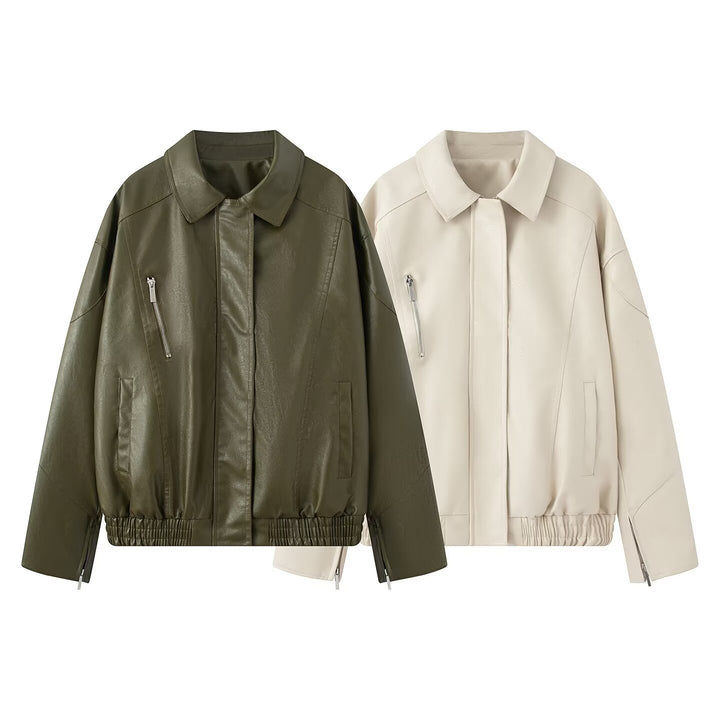 Damen elegante Kunstlederjacke mit praktischen Reißverschluss-Taschen Drune