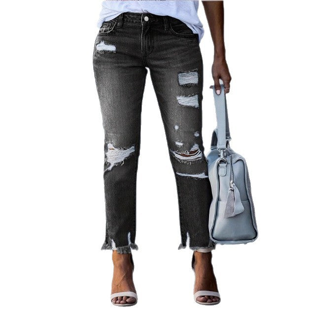 Damen Cropped Destroyed-Jeans mit hohem Bund, geradem Bein & rohem Fransen-Saum Drune