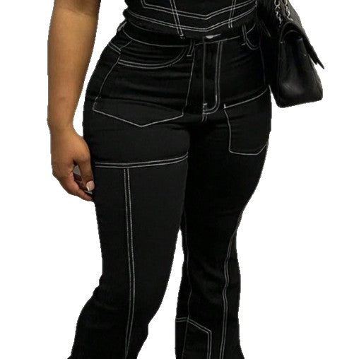 Damen High-Waist Flared-Jeans mit Kontrastnähten und Cargo‑Einsätzen Drune