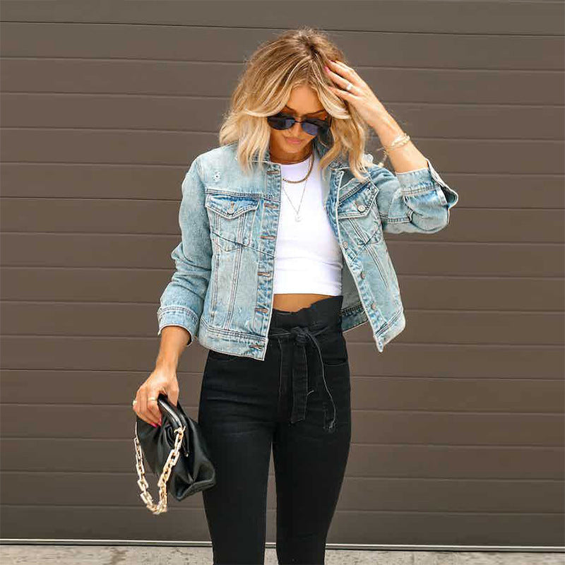 Damen Court Denimjacke im lässigen cropped Stil mit Fransendetails Drune