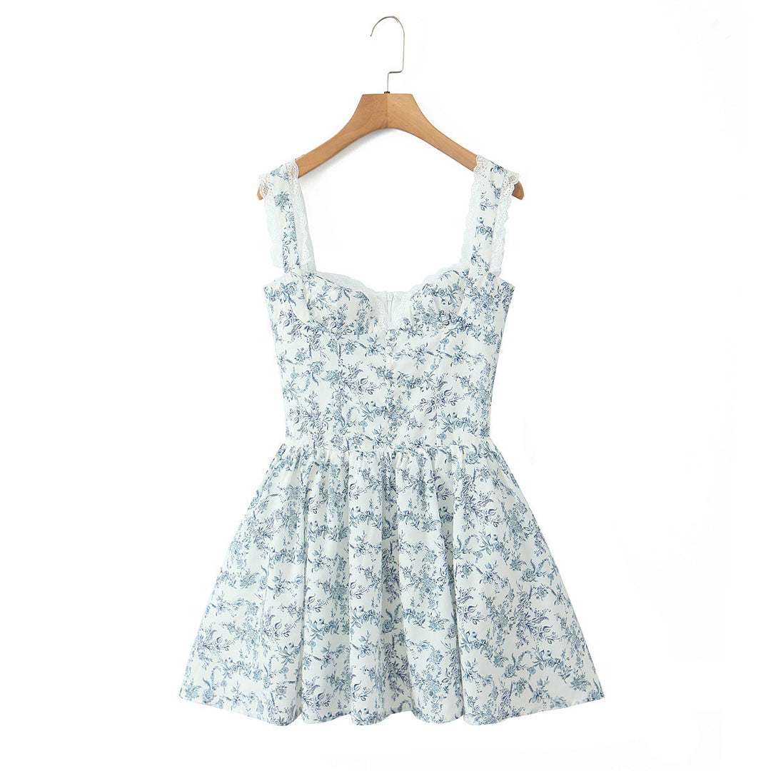 Damen kurzes Blumenkleid mit verstellbaren Spaghettiträgern Drune