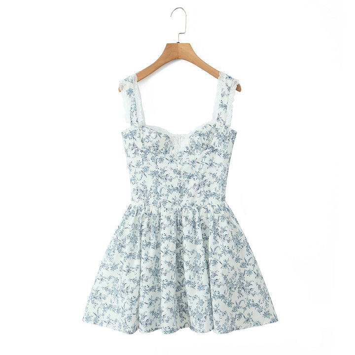 Damen kurzes Blumenkleid mit verstellbaren Spaghettiträgern Drune