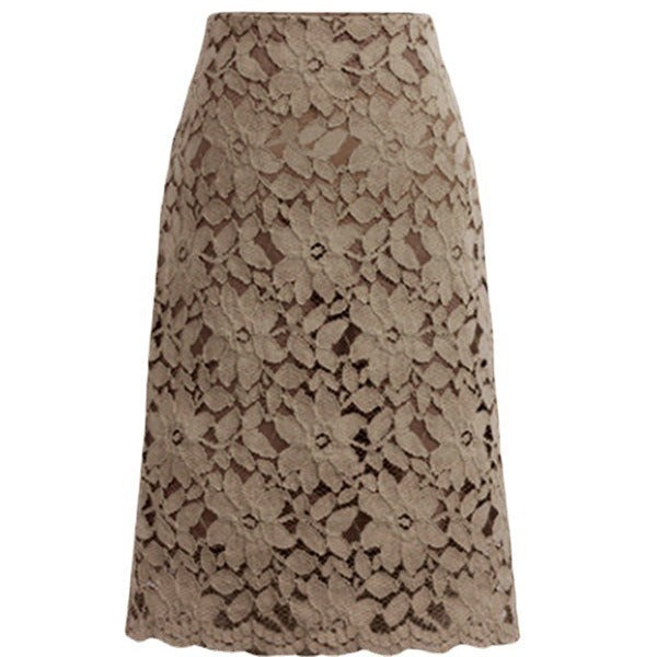 Damen nan knielanger A-Linien Spitzenrock mit floraler Applikationsspitze, hoher Taille und gewelltem Saum Drune