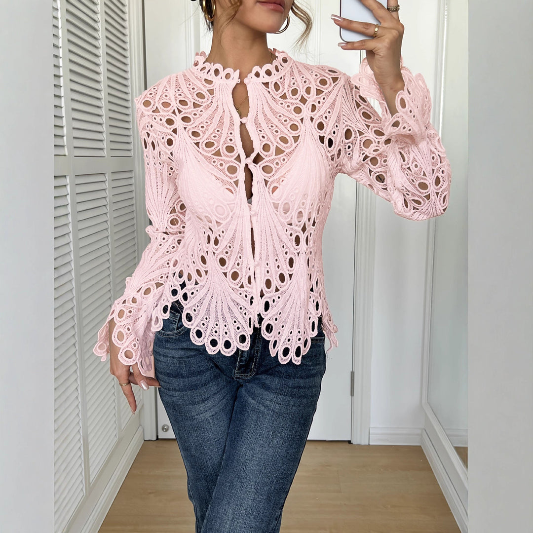 Damen Spitze Bluse mit eleganten Cut-Outs und figurschmeichelndem Design Drune
