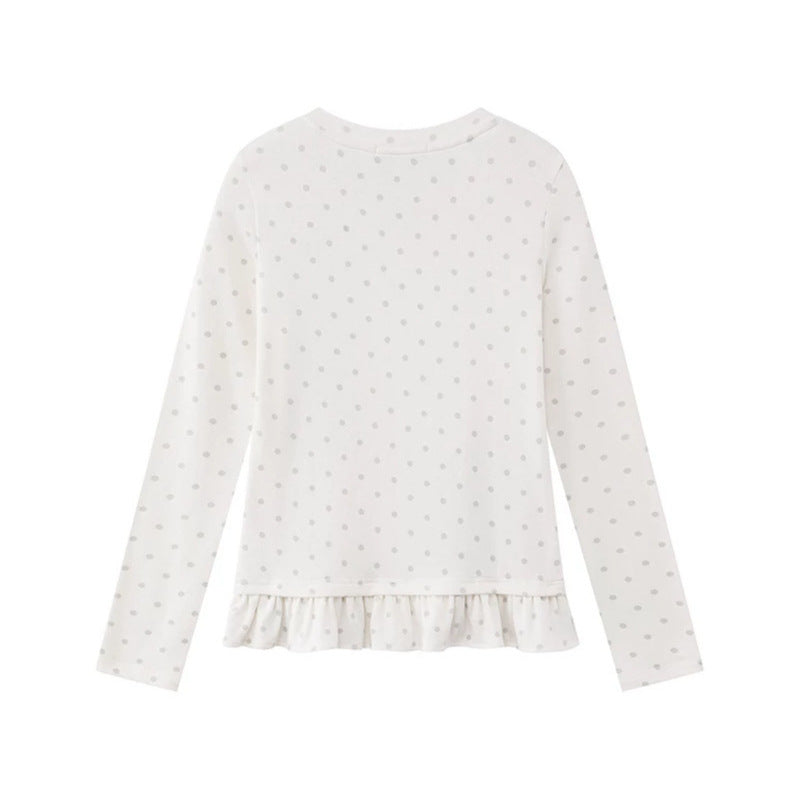 Damen Langarmshirt mit V-Ausschnitt, Rüschen-Saum und grafischem Spiralmotiv Drune