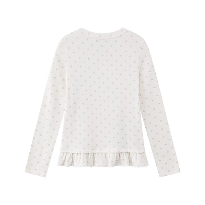 Damen Langarmshirt mit V-Ausschnitt, Rüschen-Saum und grafischem Spiralmotiv Drune
