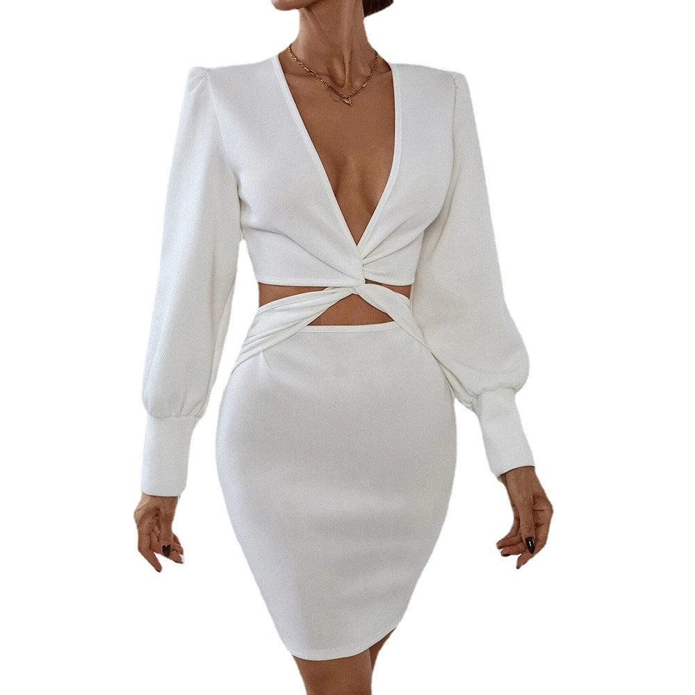 Damen Wickelkleid mit tiefem V-Ausschnitt und elegantem Bindungsdetail Drune
