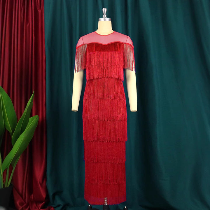 Damen Fransen Maxikleid mit halber Transparenz Drune