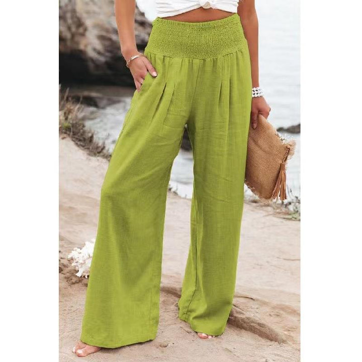 Frauen Weite Bein Smocked Hohe Taille Leinenmischung Hosen Drune
