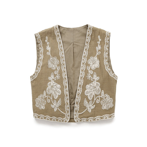 Damen Ärmellose Leinenweste mit floraler Reliefstickerei und offener Front Drune