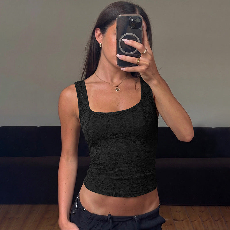 Damen Spitzentop mit quadratischem Ausschnitt und figurbetontem Schnitt Drune