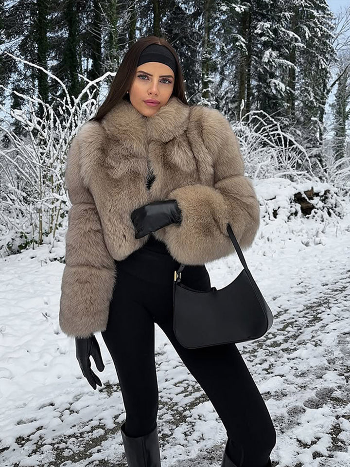 Damen Kurz geschnittener Luxus-Kunstpelzblouson mit voluminösem Schalkragen Drune