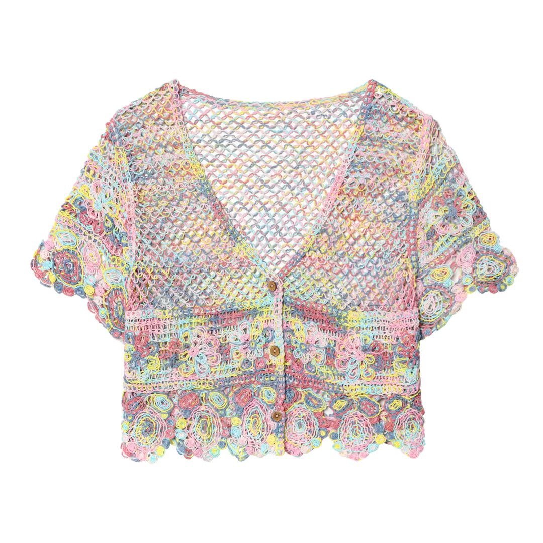 Damen luftiger Spitzen-Crochet-Cardigan mit buntem Häkelmuster Drune