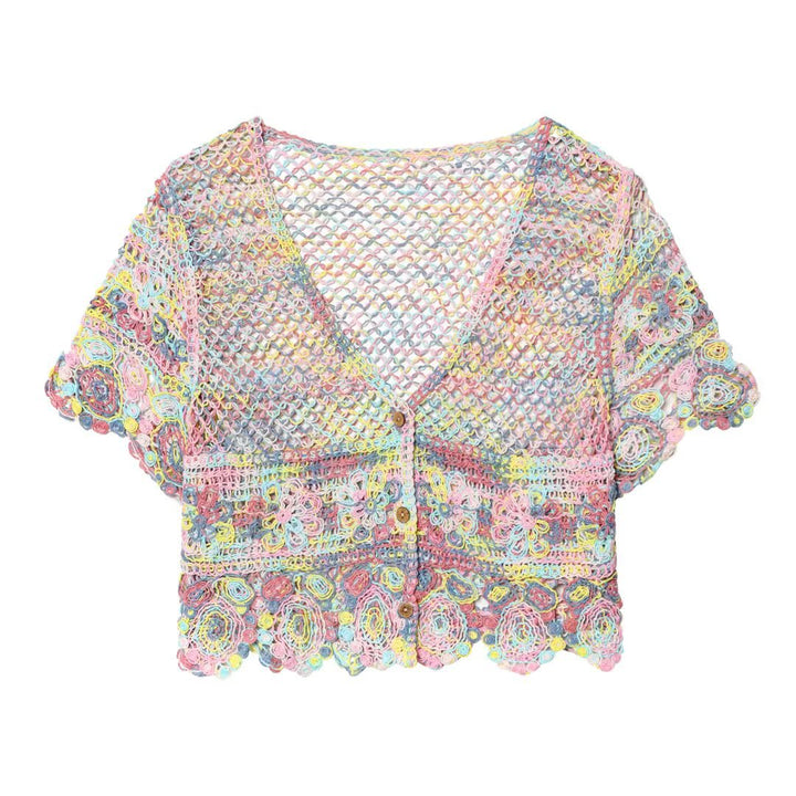 Damen luftiger Spitzen-Crochet-Cardigan mit buntem Häkelmuster Drune