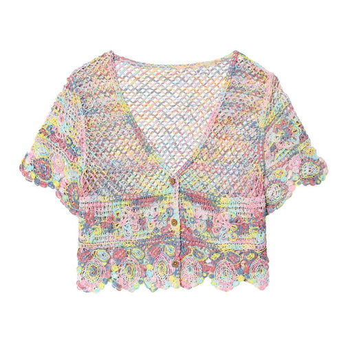 Damen luftiger Spitzen-Crochet-Cardigan mit buntem Häkelmuster Drune