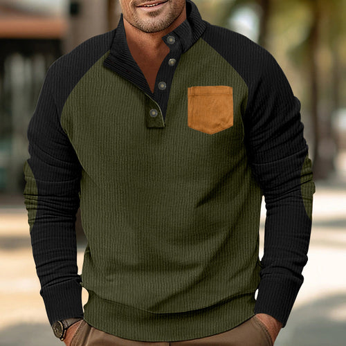 Herren Geripptes Henley‑Pullover mit Raglanärmeln, Ellenbogen‑Patches & Brusttasche Drune