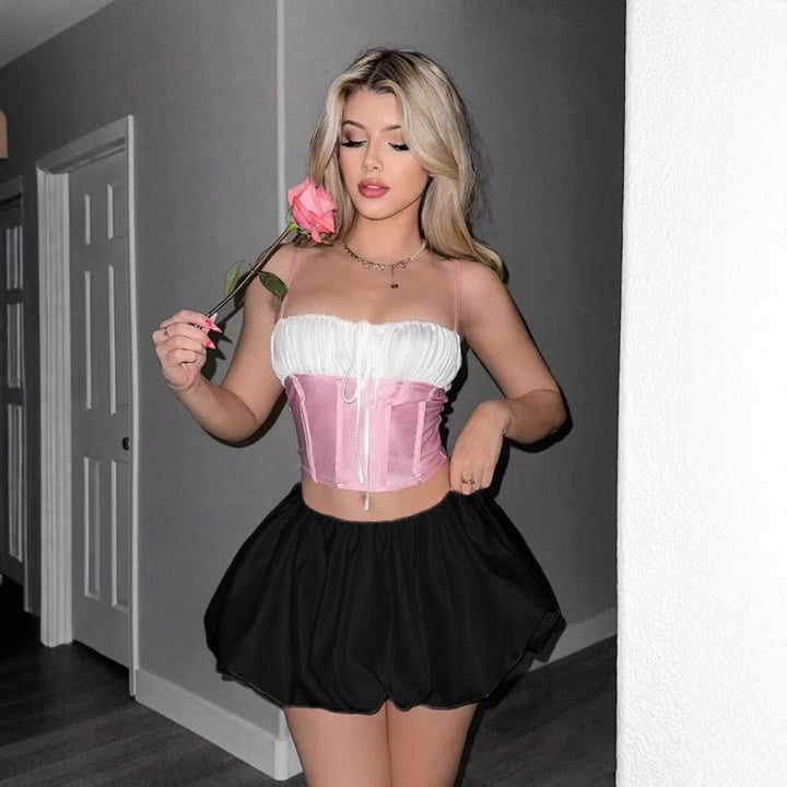 Damen romantisches Crop-Top mit Volant und leicht ausgestellt Rock Drune