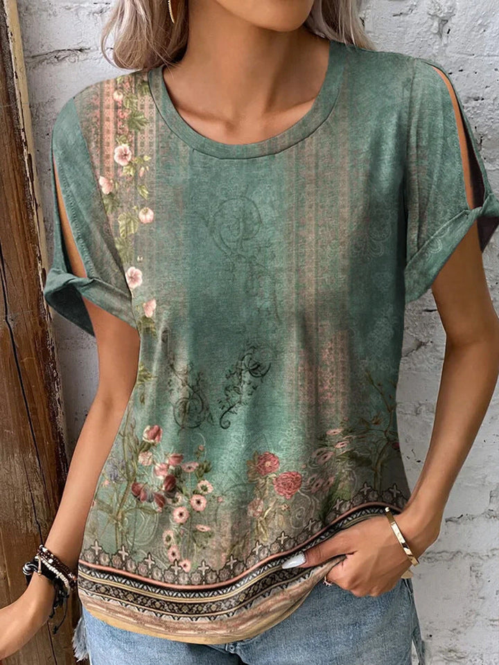 Damen florales Oversized-T-Shirt mit Cut-Out-Ärmeln Drune