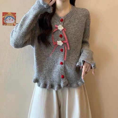 Damen Strickjacke mit dekorativen Blumenmotiven Drune