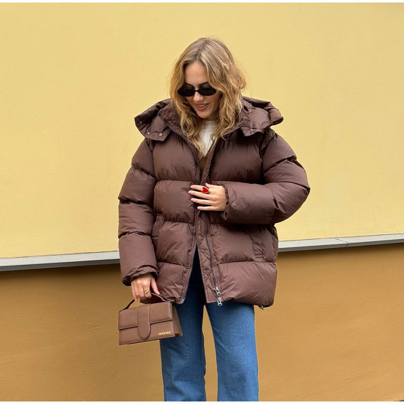 Damen Gefütterte Oversize-Steppjacke mit Volumenärmeln und abnehmbarem Kapuzenkragen Drune