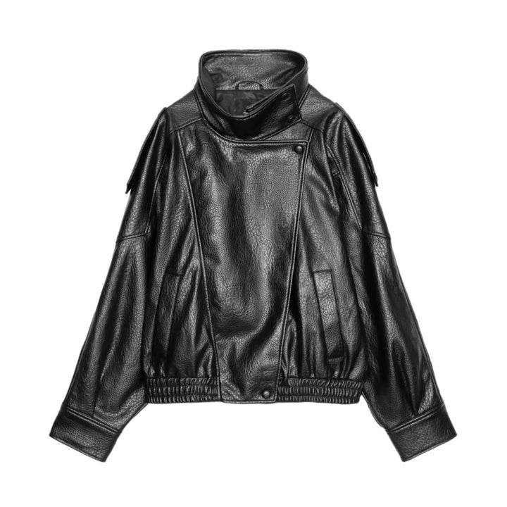Damen Lederjacke mit hohem Stehkragen und asymmetrischer Druckknopfleiste Drune