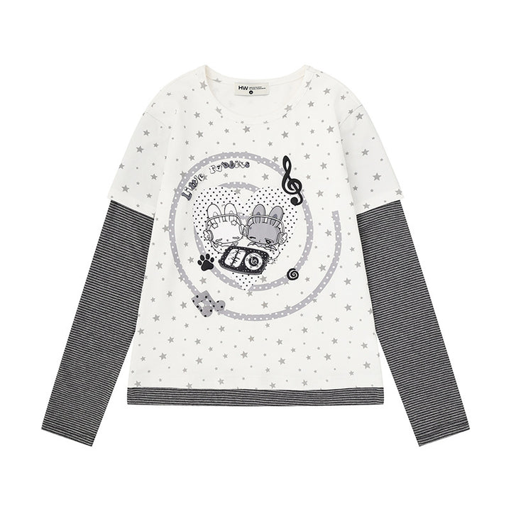 Damen Lagen-Langarmshirt mit Sternen-Allover, gestreiften Einsatzärmeln und Comic-Hasen-Frontprint Drune