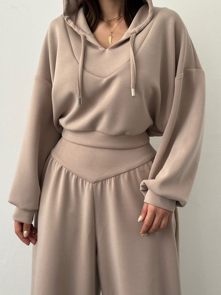 Damen lässiges Sport-Loungewear-Set mit cropped Hoodie und weiter Hose Drune