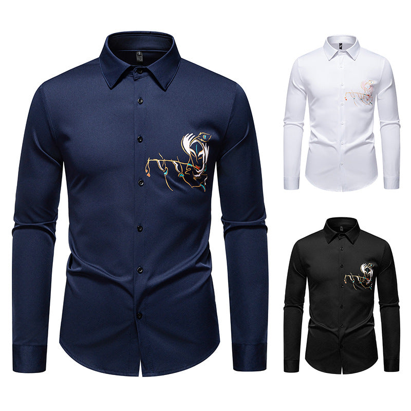 Herren Slim-Fit Businesshemd mit aufwendiger Bruststickerei und Kentkragen Drune