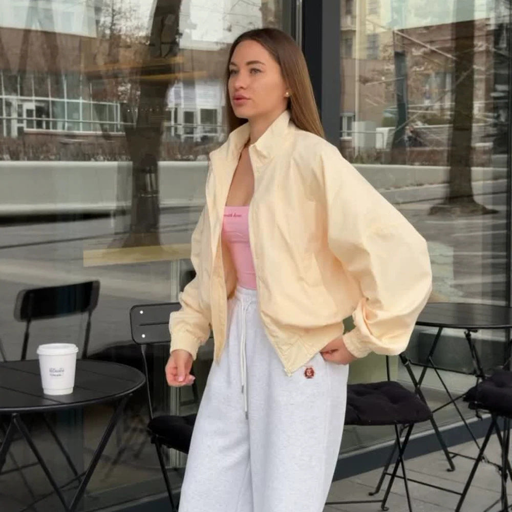 Damen Oversize Cropped Bomberjacke mit Stehkragen und Reißverschluss Drune