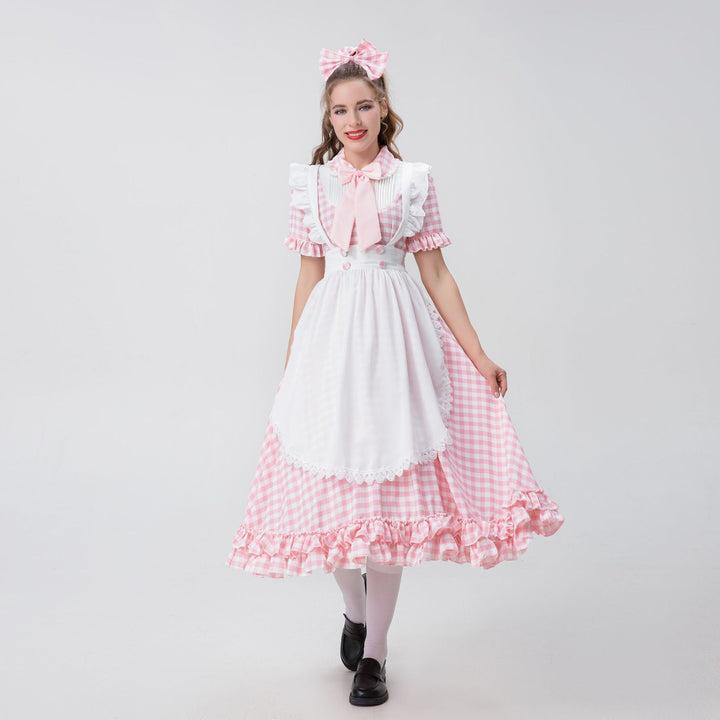 Damen nan Vintage-inspiriertes Karo-Swingkleid mit abnehmbarer Schürze, Rüschenärmeln und Schleifenkragen Drune