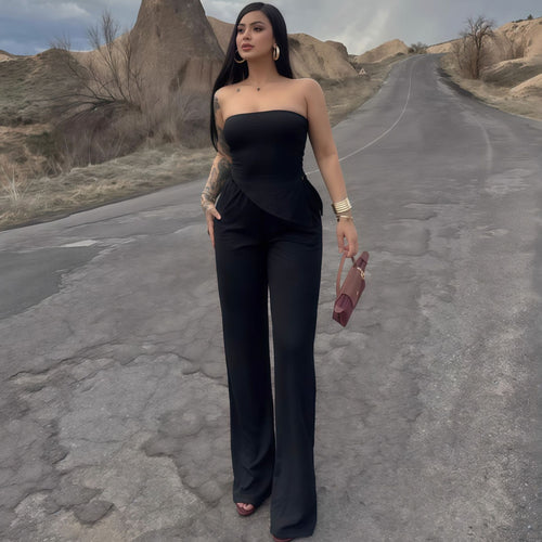 Damen eleganter Jumpsuit mit schulterfreiem Design und asymmetrischem Saum Drune