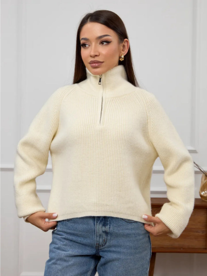 Damen Modischer Strickpullover mit Stehkragen und kurzer Reißverschluss Drune