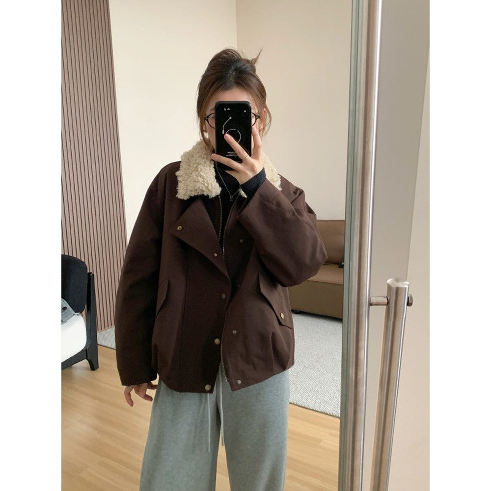 Damen Kurze Oversize-Bomberjacke mit Teddykragen und Druckknopfdetails Drune