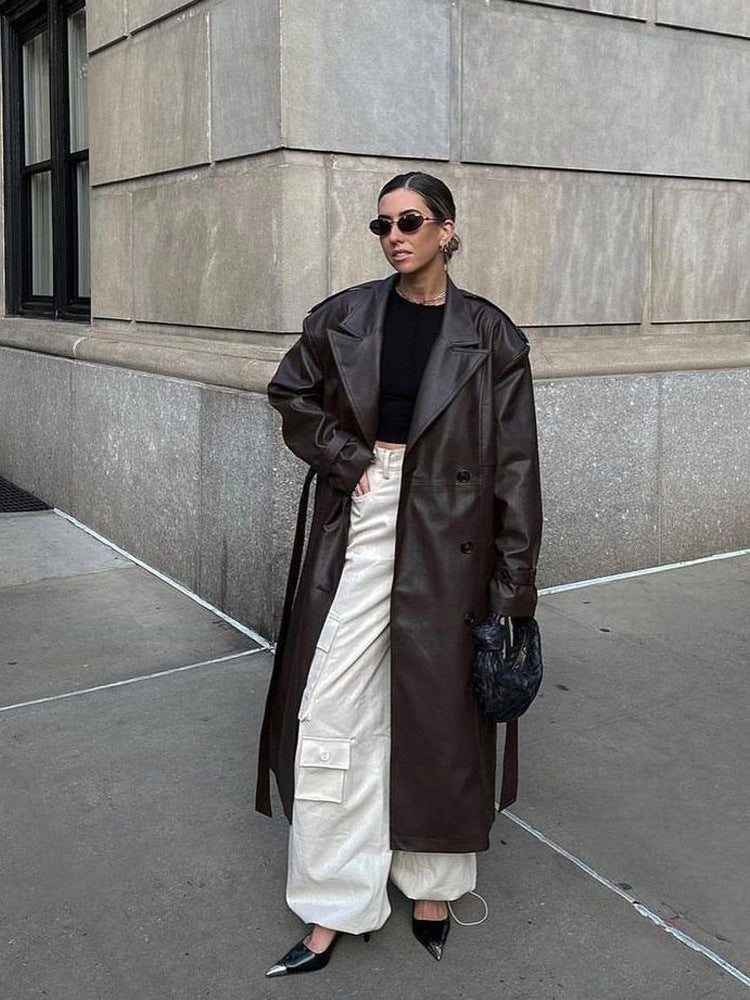 Damen Maxilanger Oversize Kunstleder-Trenchcoat mit weitem Revers und Taillengürtel Drune