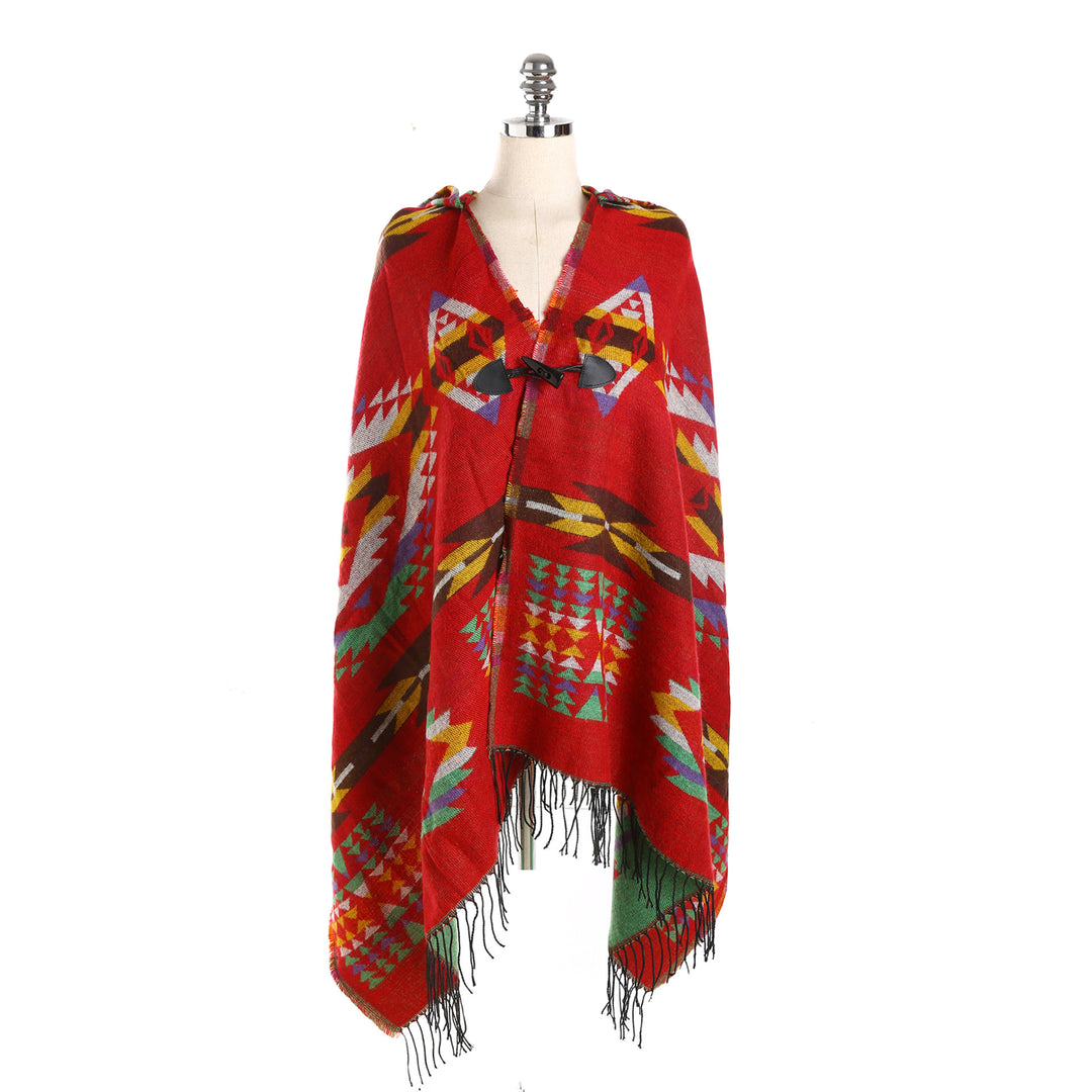 Damen Ethno-Jacquard-Poncho mit Knebelverschluss und Fransensaum Drune