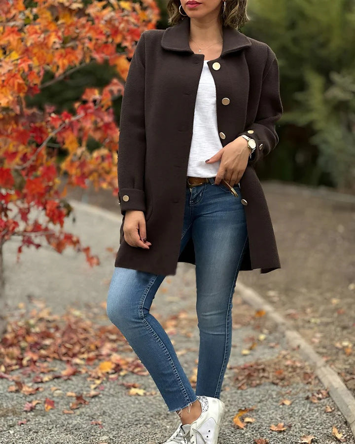 Damen Oversized Wollmantel mit dekorativen Knöpfen und großen Taschen Drune