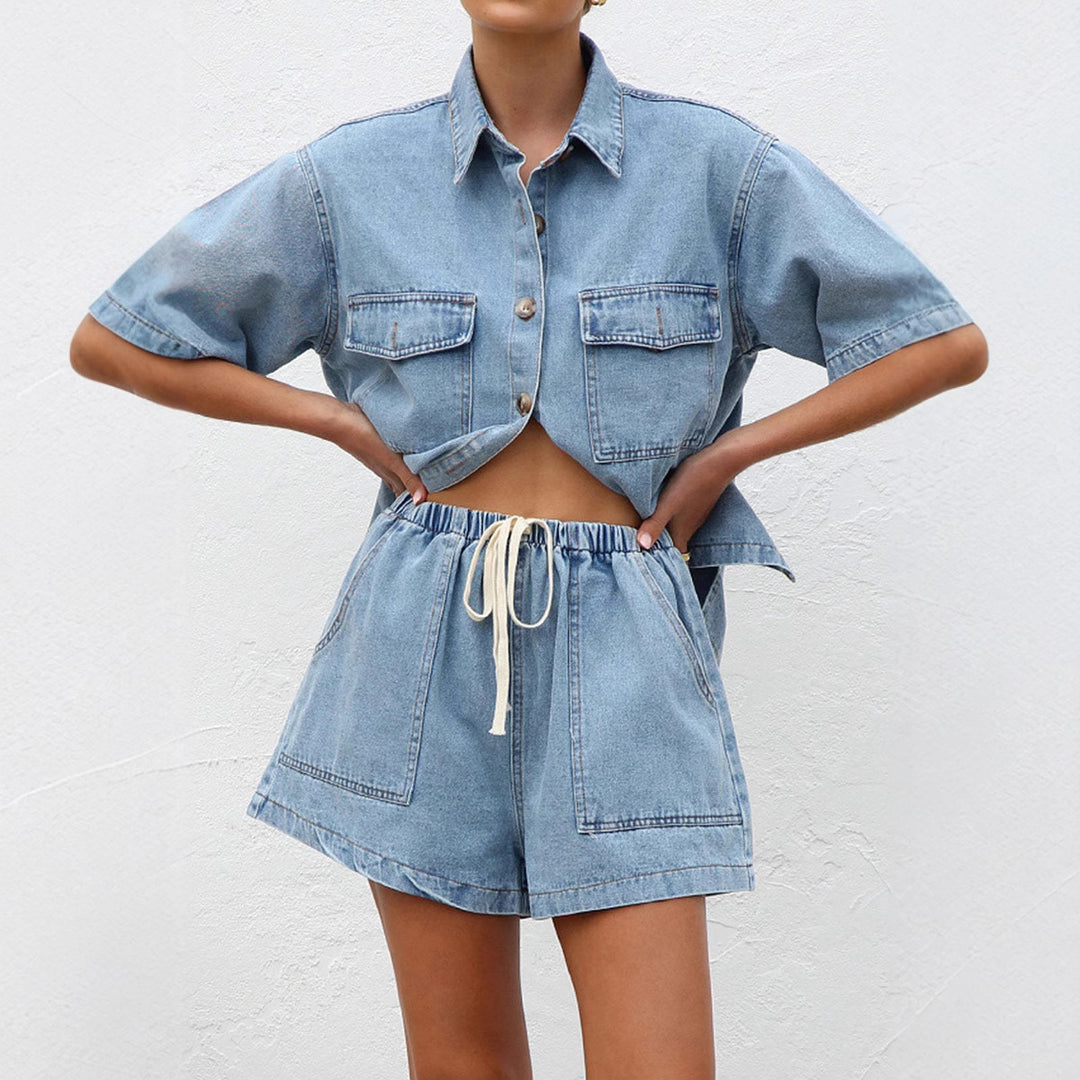 Damen Denim-Crop-Top und Shorts-Set mit praktischen Taschen und lässigem Schnitt Drune