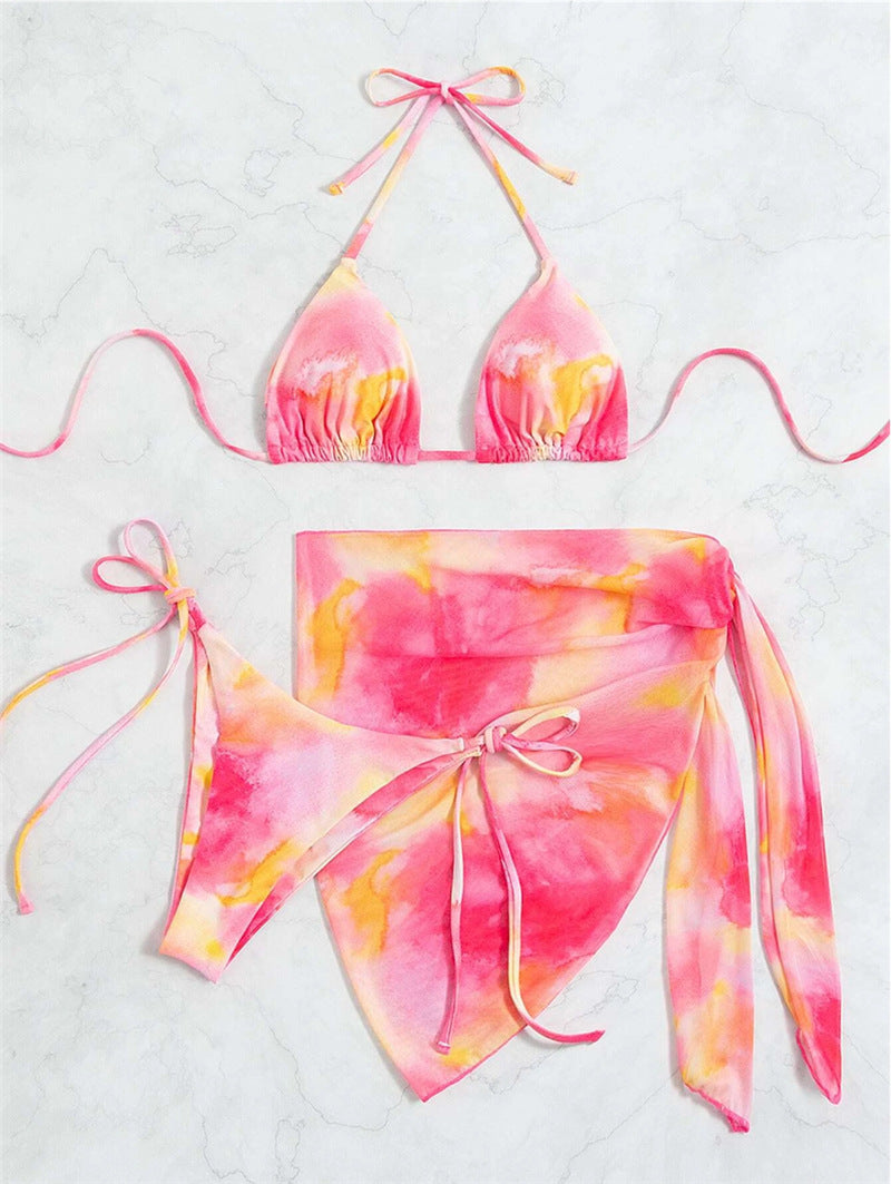 Damen Triangel-Bikini-Set mit floralem Wickelrock und verstellbaren Trägern Drune