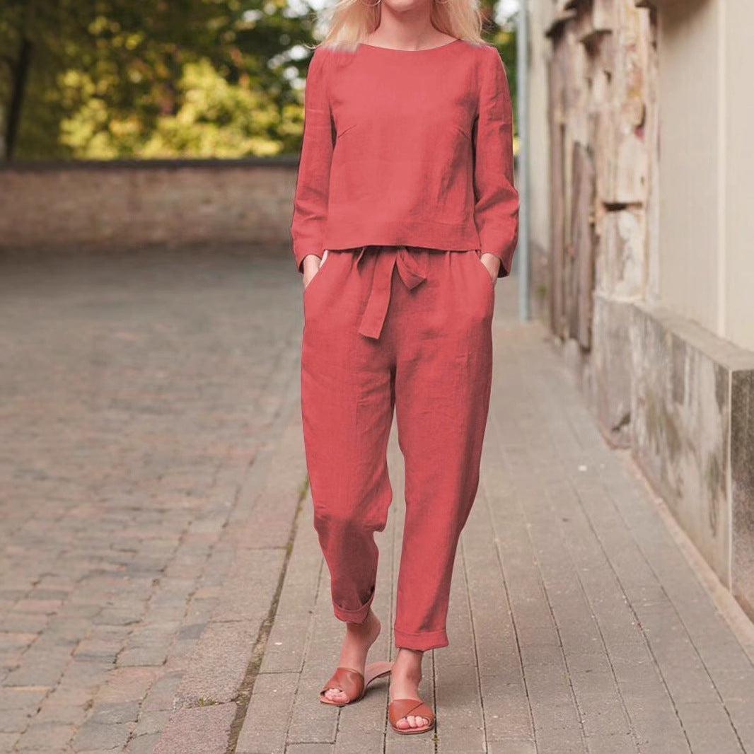 Damen Leinenanzug mit kurzem Oberteil und elastischem Bund Drune
