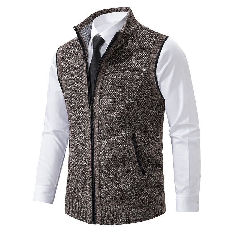 Herren Ärmellose Mélange‑Strickweste mit Stehkragen, durchgehendem Reißverschluss und Eingrifftaschen Drune