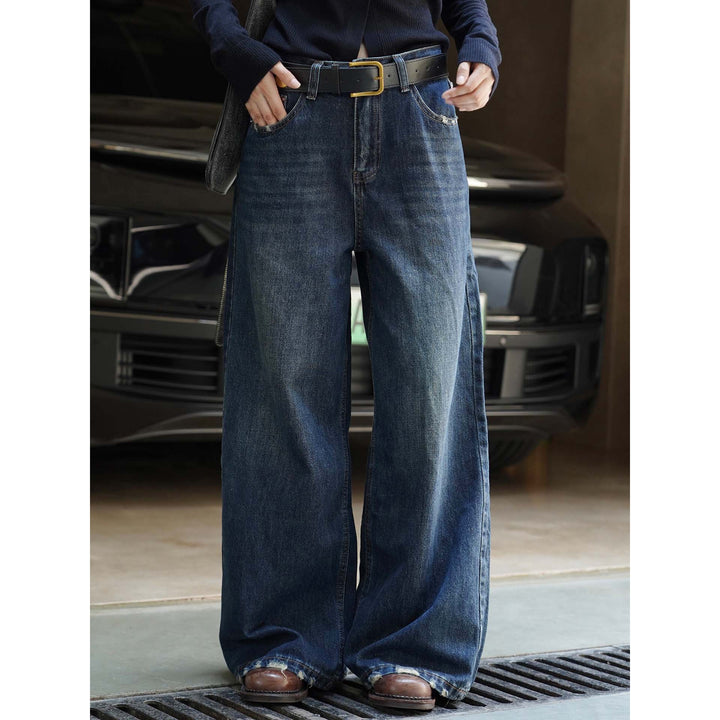 Damen Weite Vintage-Denim Jeans mit hohem Bund und ausgefranstem Saum Drune