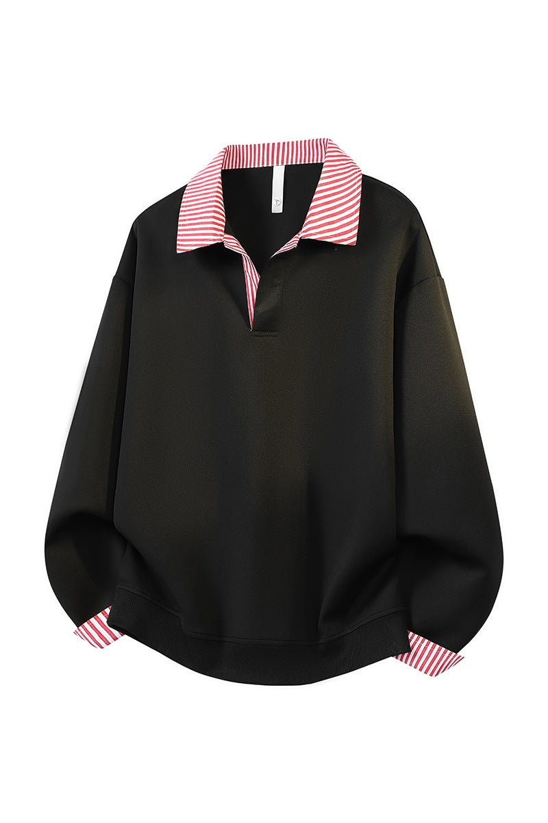 Damen Oversize-Polo-Sweatshirt mit Kontrastkragen & gestreiften Manschetten Drune