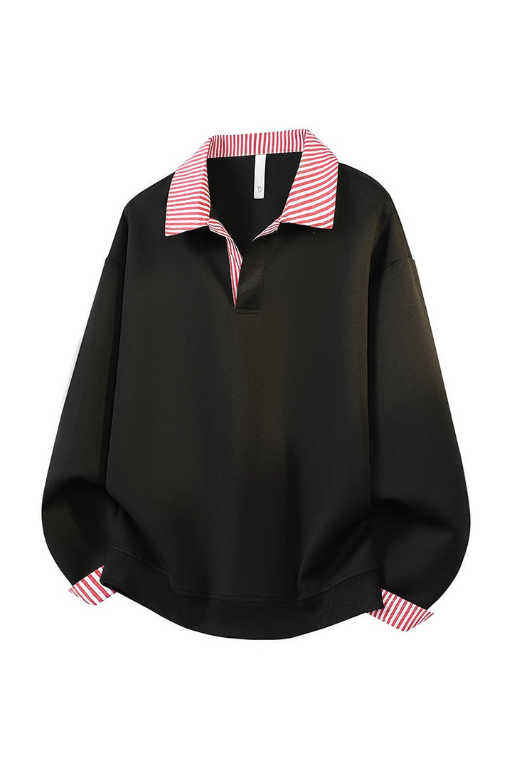 Damen Oversize-Polo-Sweatshirt mit Kontrastkragen & gestreiften Manschetten Drune
