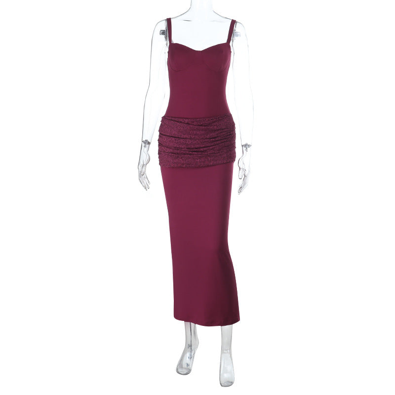 Damen elegantes Maxikleid mit gerafftem Oberteil und herzförmigem Ausschnitt Drune