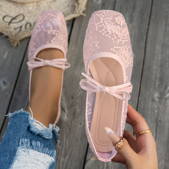 Damen Elegante Spitzenschuhe mit dekorativen Schleifen und funkelnden Akzenten Drune